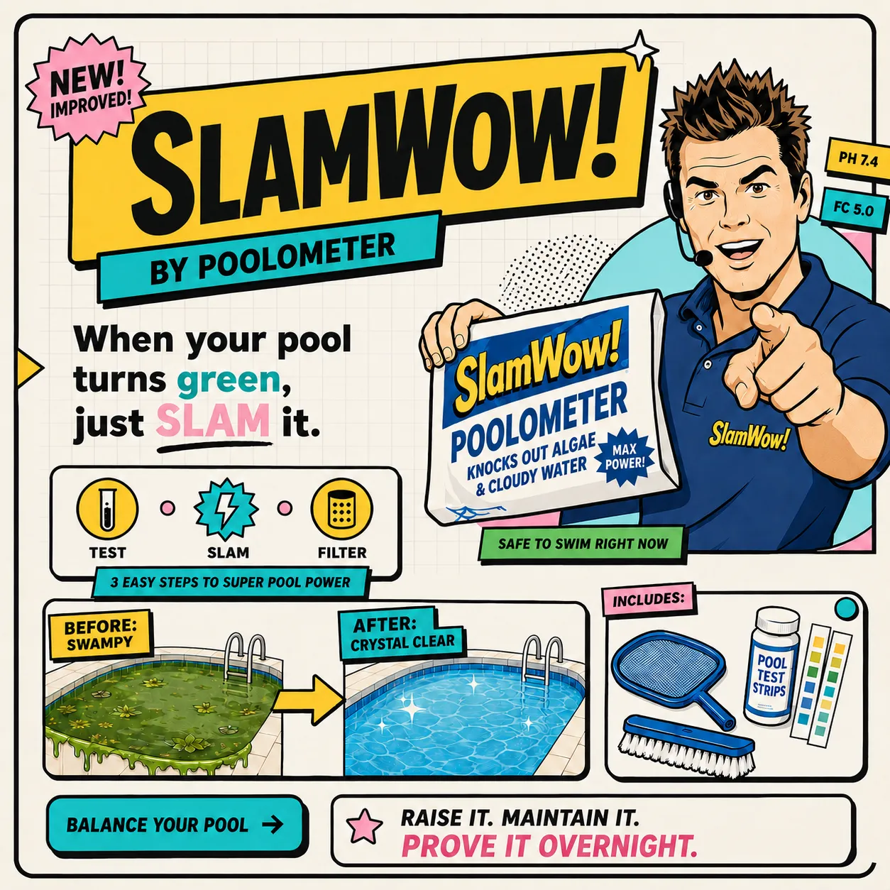 A pool service worker presenting the SLAMWOW algae recovery method beside a clear swimming pool.